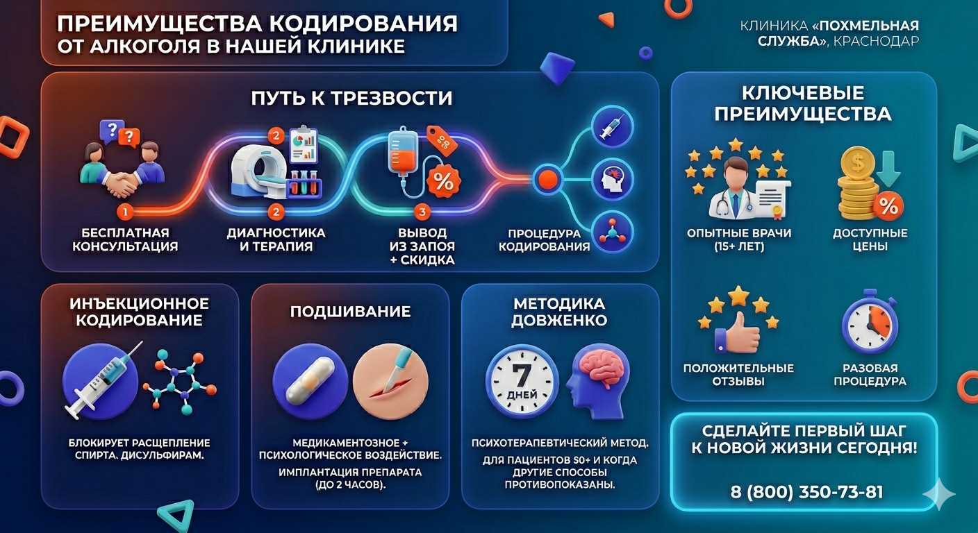 Инфографика о методах кодирования от алкоголя в Буинске: инъекции, подшивание, метод Довженко. Преимущества клиники и этапы лечения.