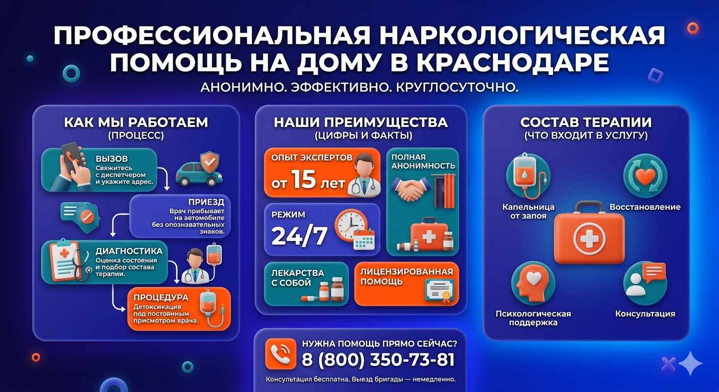 Инфографика о принципах лечения алкоголизма на дому в Буинске: этапы вызова нарколога, преимущества анонимной детоксикации и состав медицинской помощи.